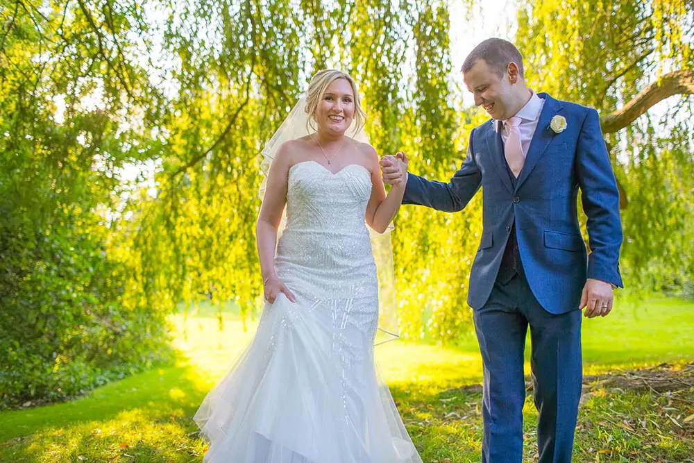TJP_2017_09_01_00498 Plough Inn Leigh Wedding Venue with a beautiful sunny backlit day. Great capture of the bridge and groom under a willow tree