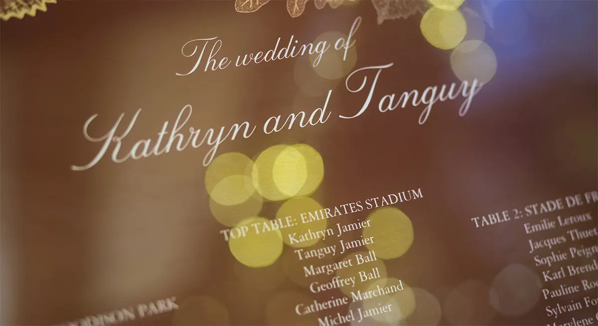 How_to_Create_a_Wedding_Seating_Plan_Without_the_Drama A blurred wedding seating plan features "The wedding of Kathryn and Tanguy" in elegant script, with gold bokeh lights adorning the background. Names are listed under "Top Table: Emirates Stadium," adding a touch of sophistication to the celebration.