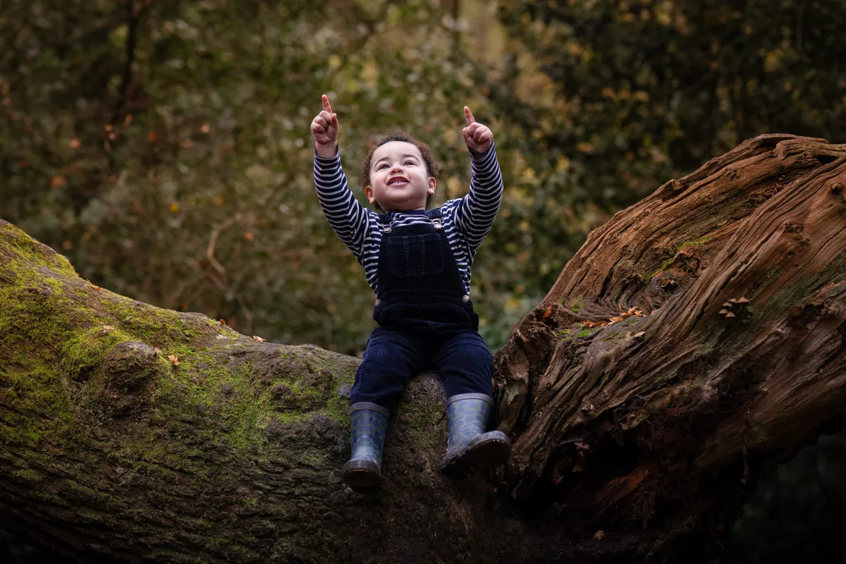 TJP_2024_11_02_0040 A joyful child in a striped shirt and overalls sits on a large, moss-covered tree branch, pointing upwards with both hands. This moment from the Tonbridge family photo session beautifully captures the wonder and playfulness of nature.